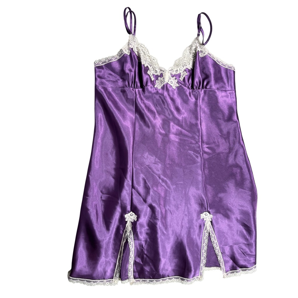 Morgan Taylor Intimates Nightgown Medium Purple Satin Ivory Lace Slip Nightie